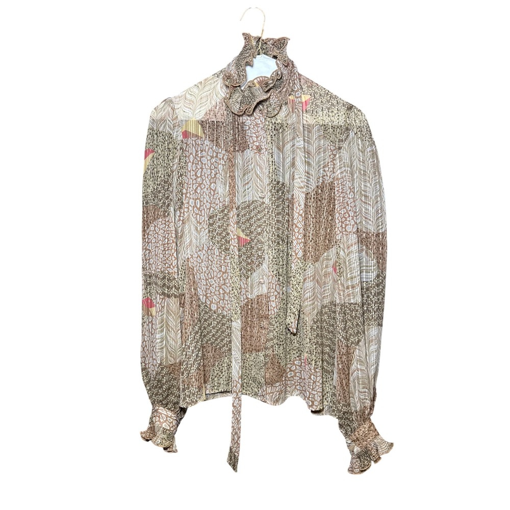 Helen Fabrikant Vintage Plisse Ruffle Neck Blouse Brown Patchwork Print Size 6